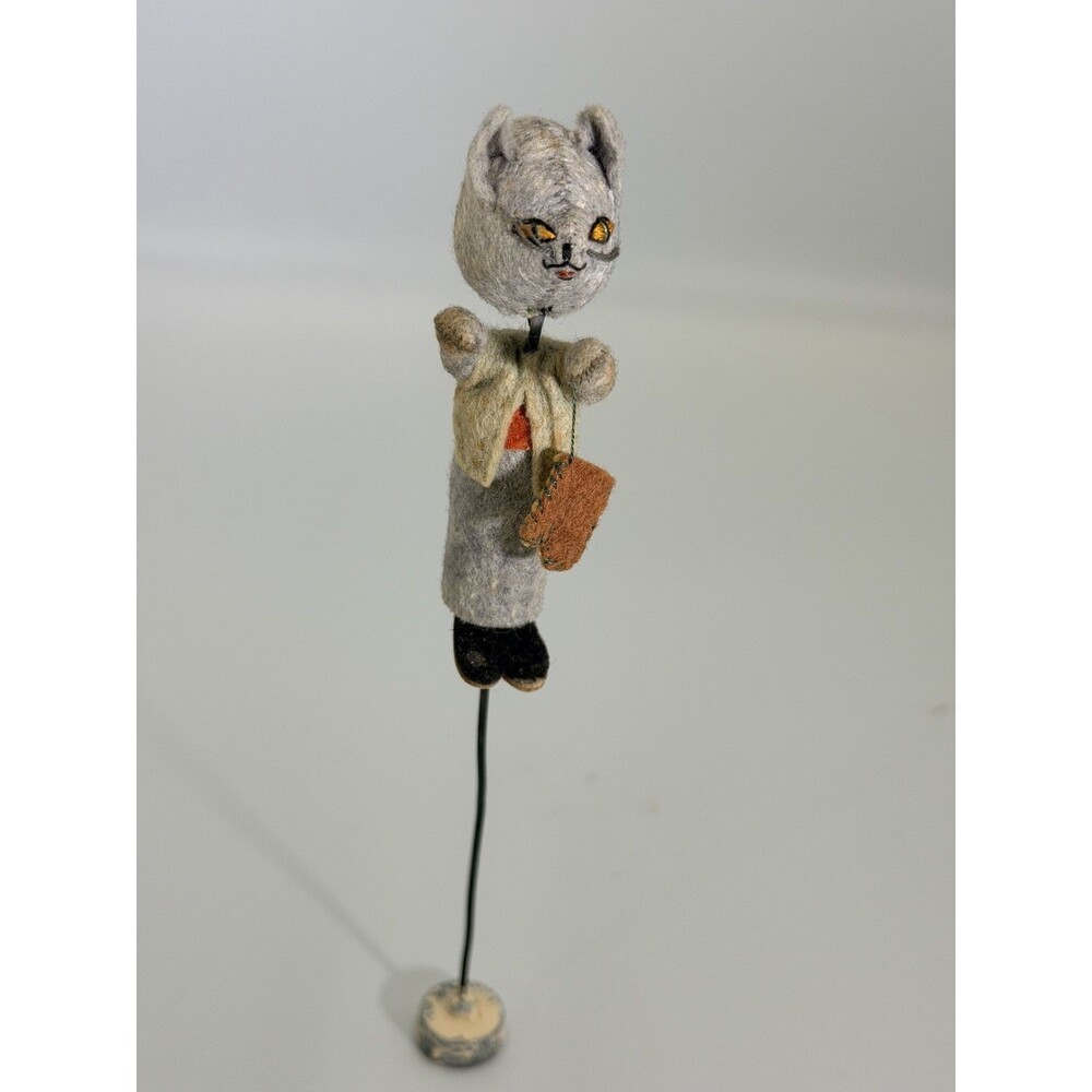 Vintage Felt Cat Figurine Folk Art Animal Doll on Wire Stand Whimsical Handmade